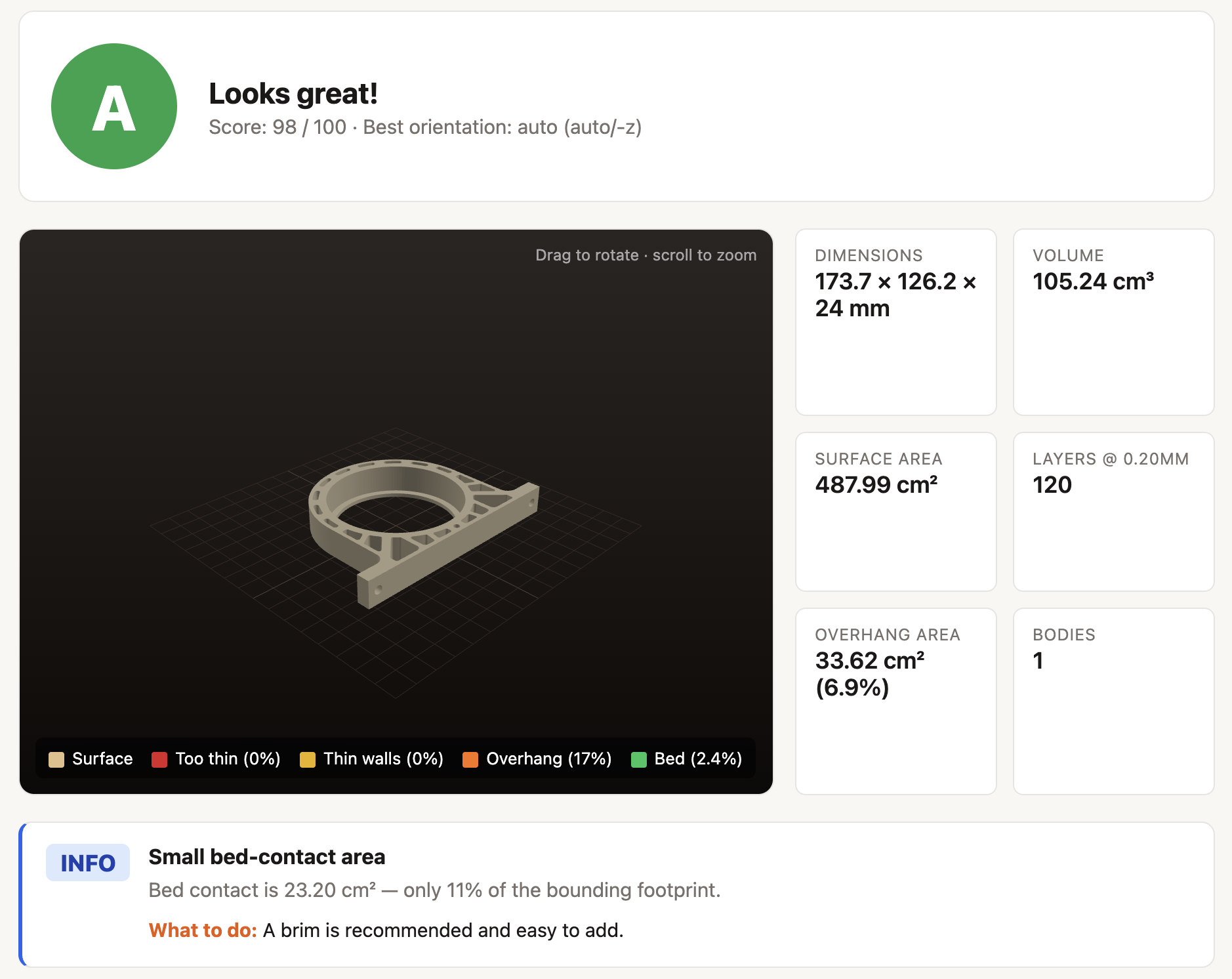 Good 3D printable part. Clean geometry, large flat base, minimal overhangs.