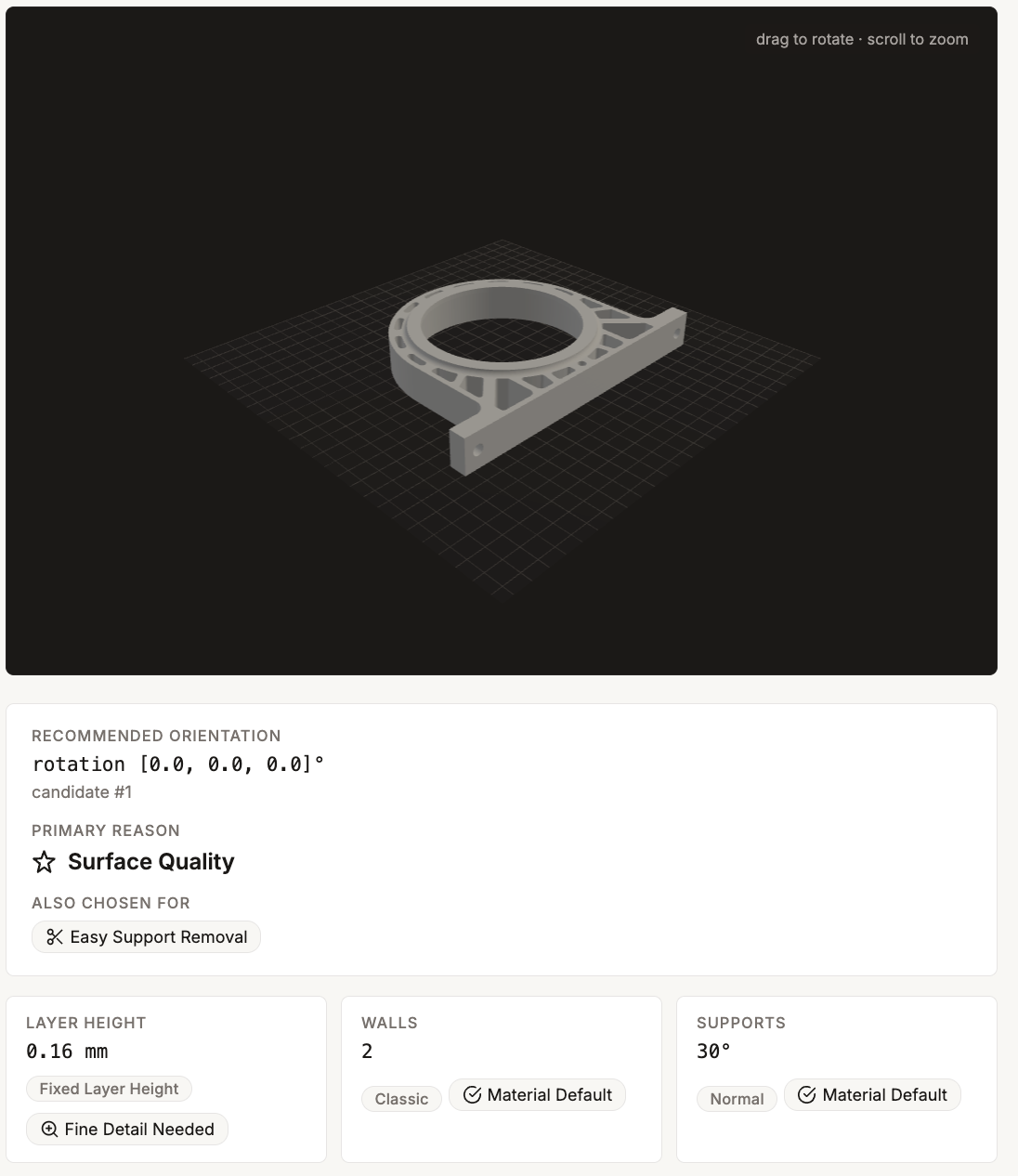 Example Pre-Slice response showing the 3D viewer with thin-wall highlighting